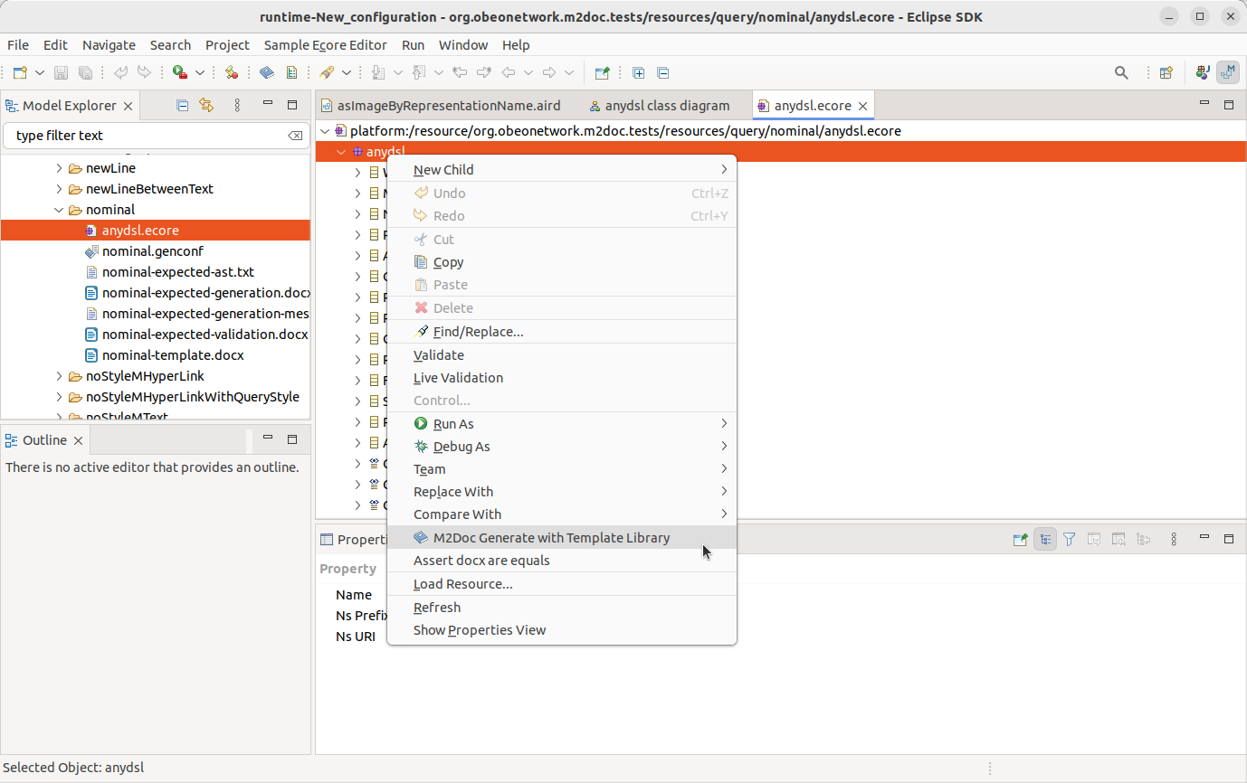 The M2Doc Generate with Template Library menu. The M2Doc Generate with Template Library menu.